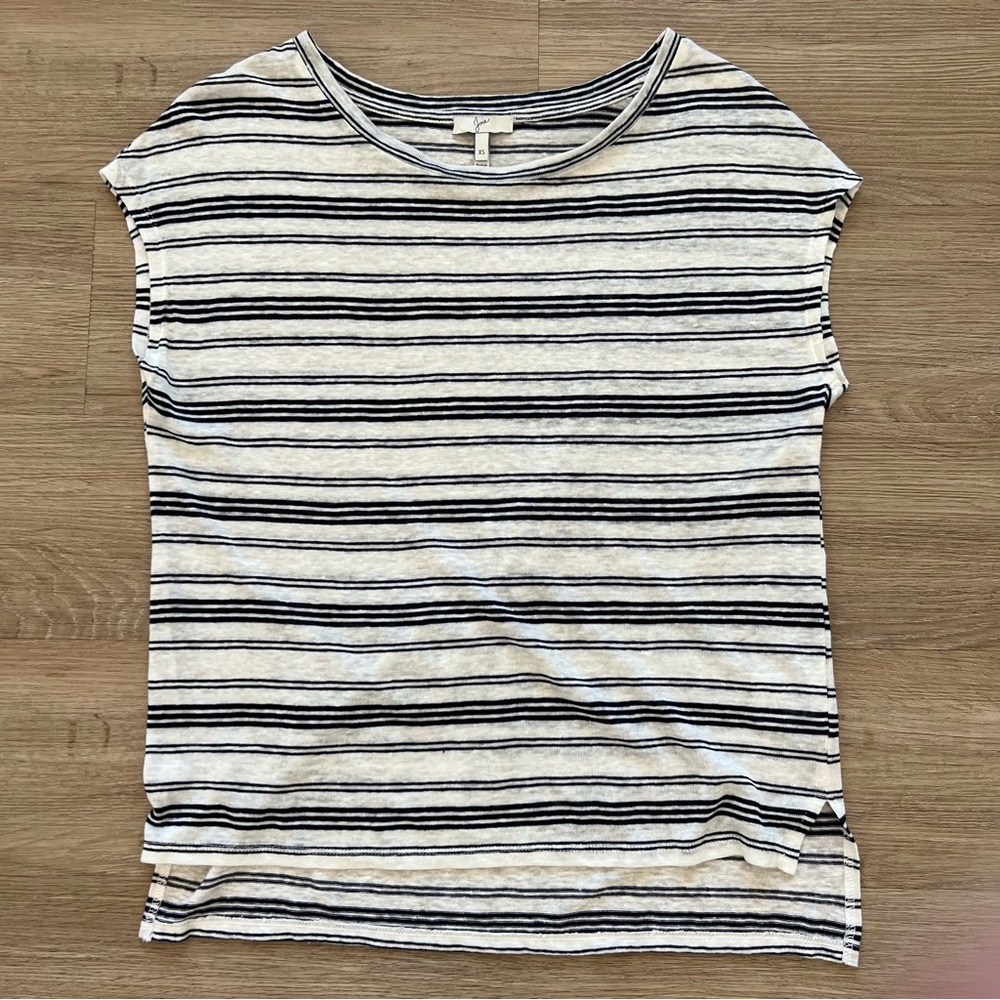 Joie 100% Linen Knit Top Lightweight Split Hi-Lo Hem Navy/Ivory Stripe Size XS